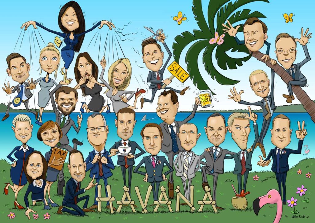 Havana - Teamkarikatur tegnet med humor karikaturtegning af advokat team. gruppetegning eller gruppekarikatur som gruppeportræt teamkarikatur