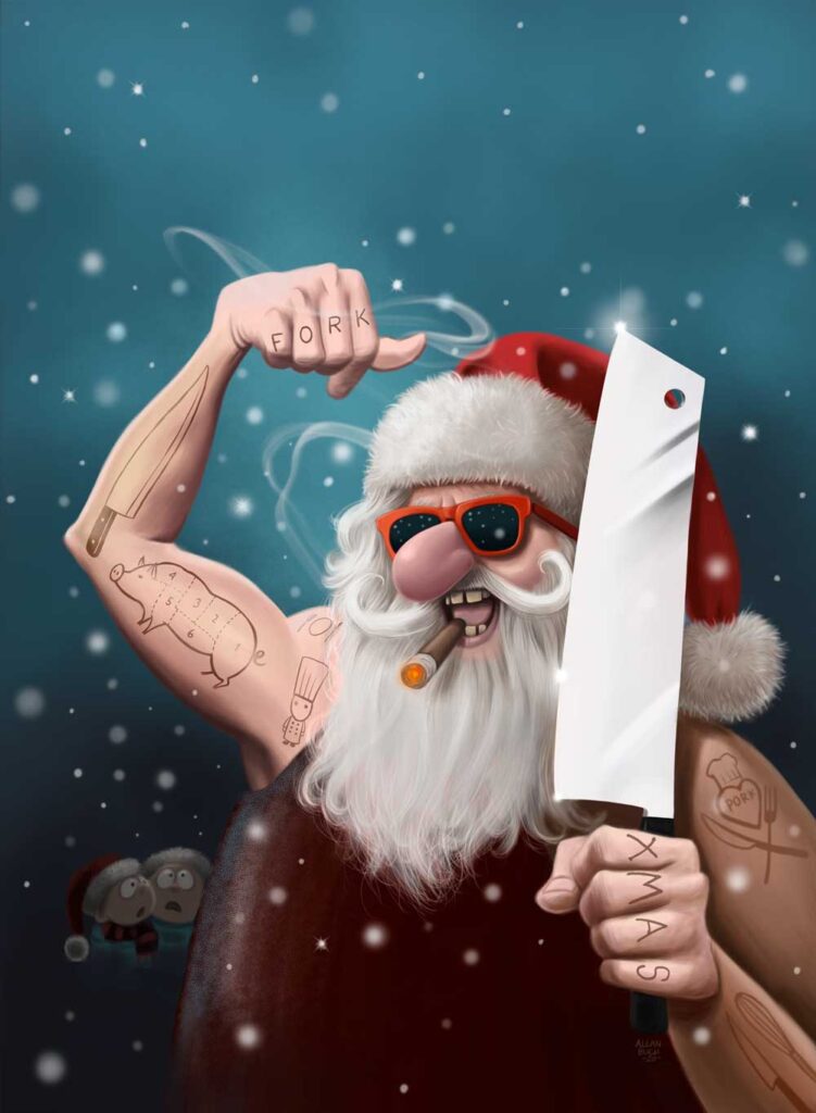 bad santa, fræk julemand med kokkeredskaber tegnet til forside til juleudgaven af magasin på bestilling til h w larsen