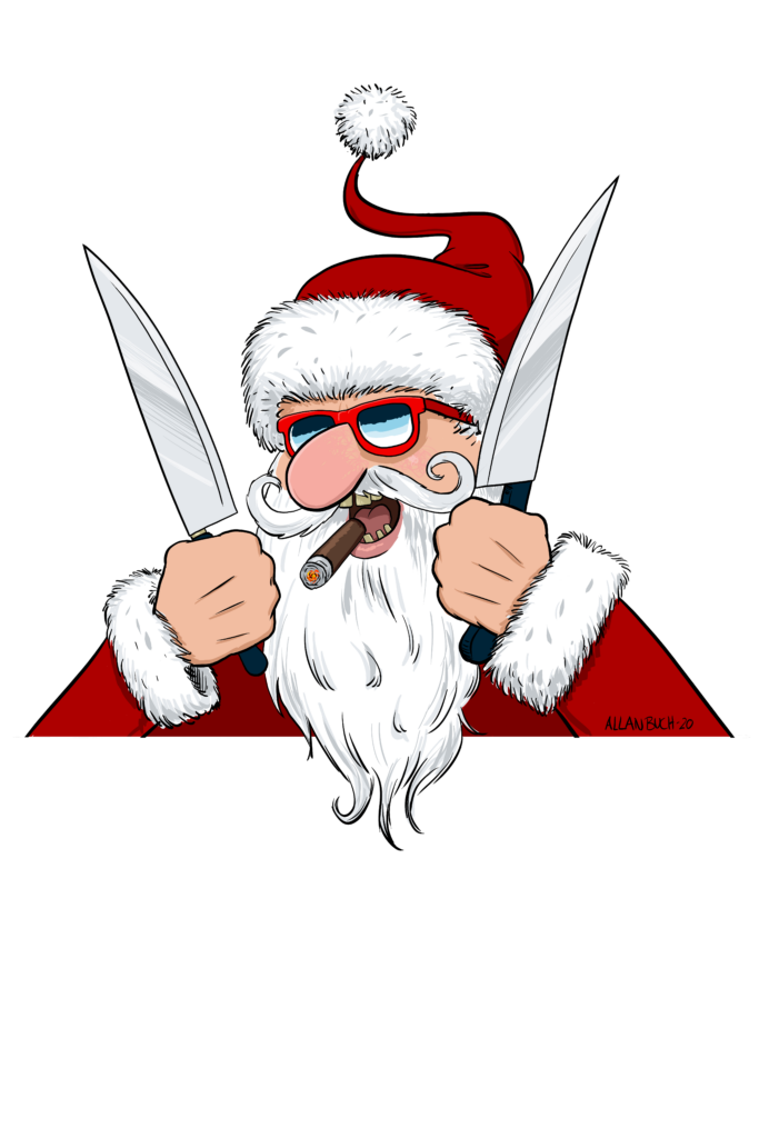 bad santa, fræk julemand med kokkeredskaber tegnet på bestilling til h w larsen