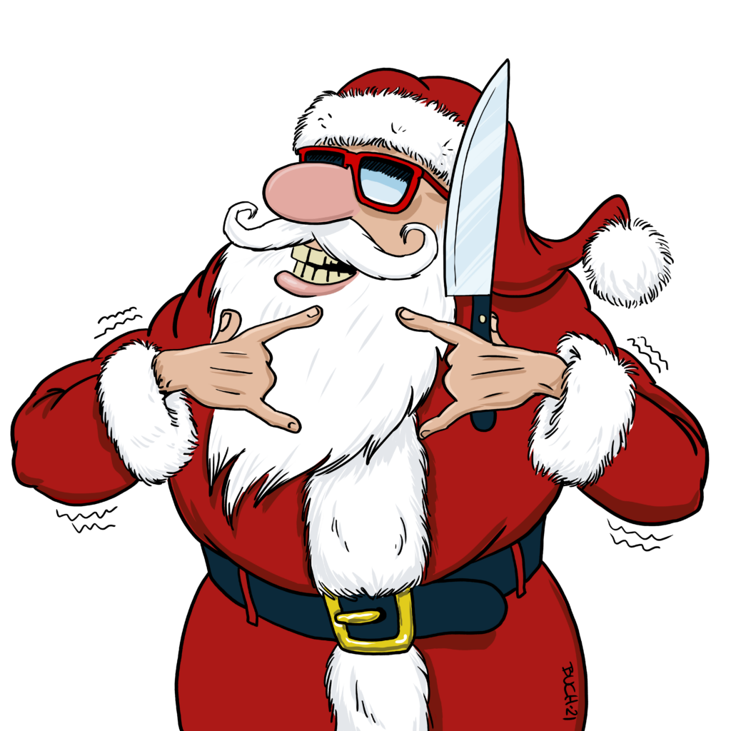 bad santa, fræk julemand med kniv tegnet på bestilling til h w larsen