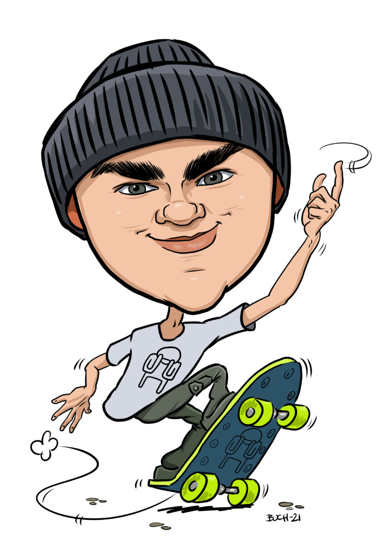 Karikaturtegning af konfirmand på skateboard