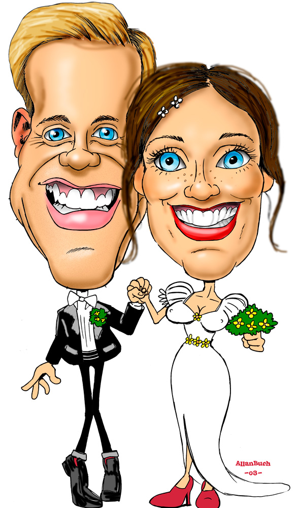 Karikaturtegning af brudepar tegnet på bestilling til bryllup. karikatur, karikaturtegner, karikaturtegning, karikatur til gave, karikatur til fest