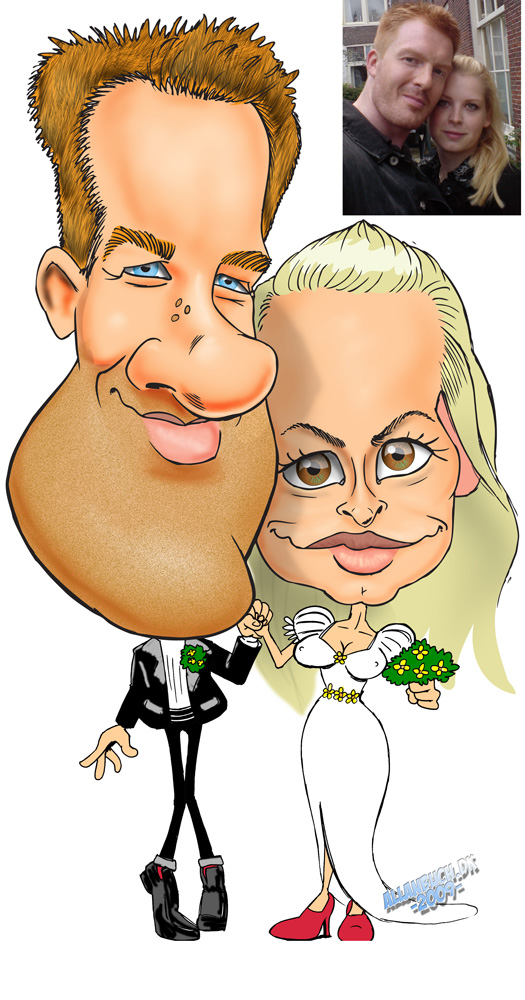Karikaturtegning af brudepar tegnet på bestilling til bryllup. karikatur, karikaturtegner, karikaturtegning, karikatur til gave, karikatur til fest