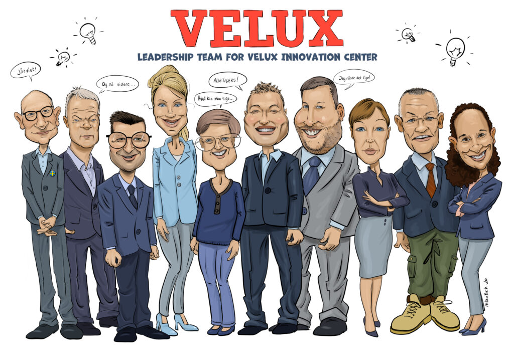 Teamkarikatur tegnet med humor karikaturtegning af leadership team hos velux. gruppetegning eller gruppekarikatur som gruppeportræt teamkarikatur