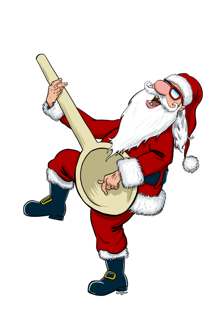 bad santa, fræk julemand med kokkeredskaber tegnet på bestilling til h w larsen