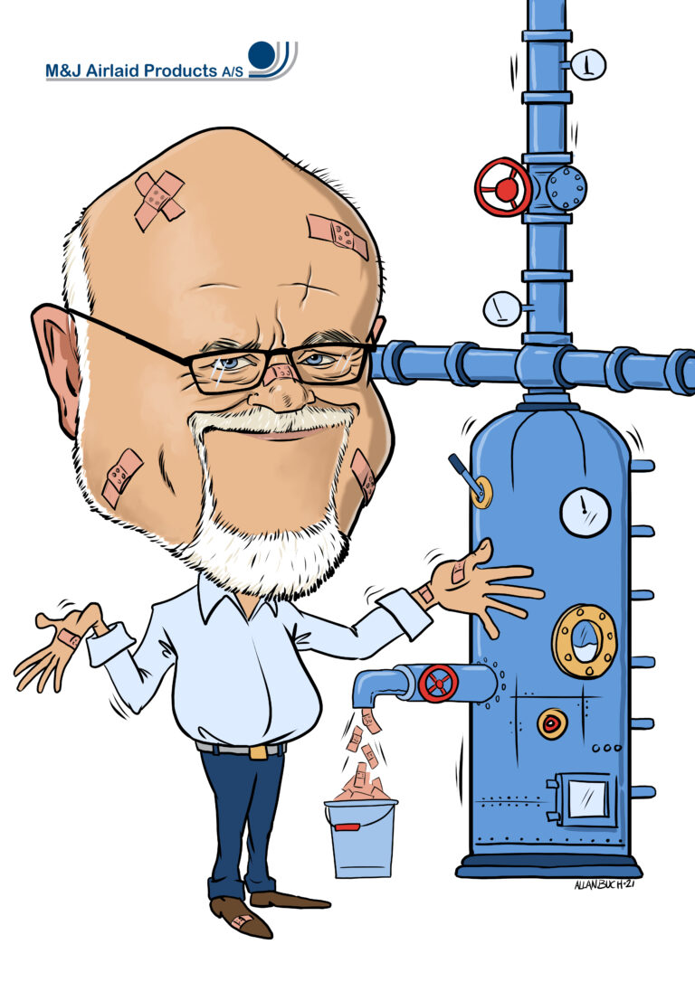Karikaturtegning af Mand med sin blå maskine tegnet på bestilling